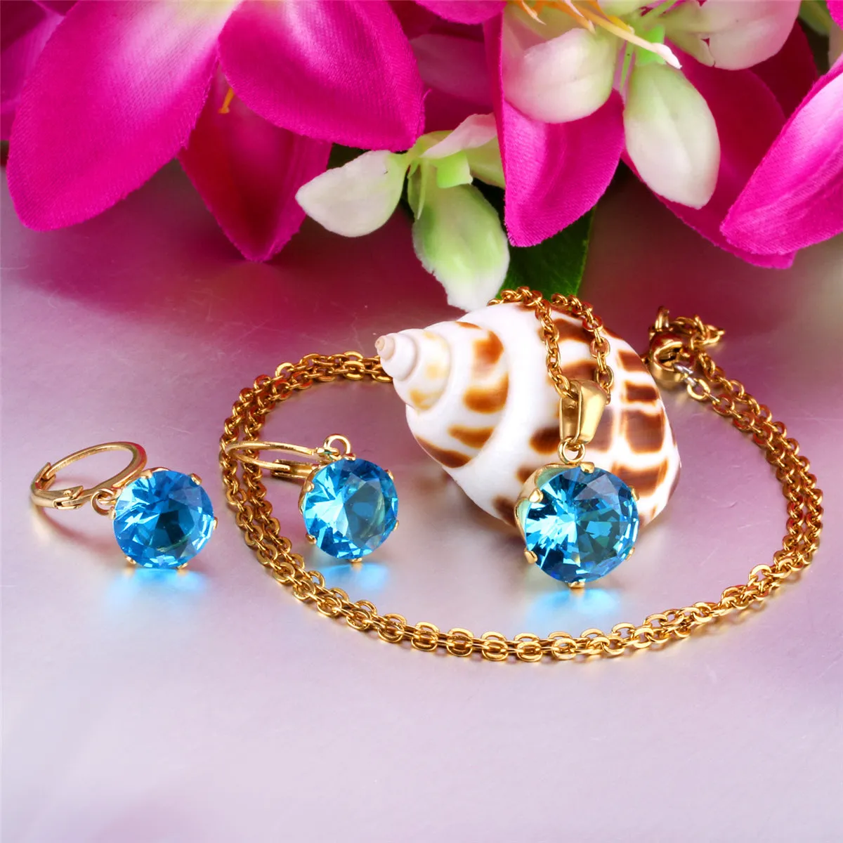 Light Blue Cubic Zirconia & 18K Gold-Plated Huggie Earrings & Pendant Necklace