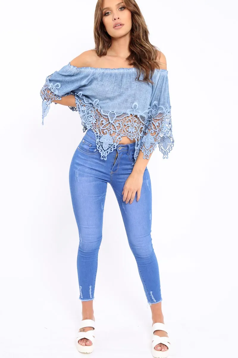 Light Denim Bardot Crochet Top - Liv