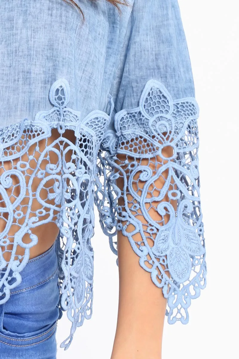 Light Denim Bardot Crochet Top - Liv