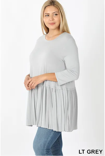 Light Gray Heather Ruffle Bottom Top-Plus