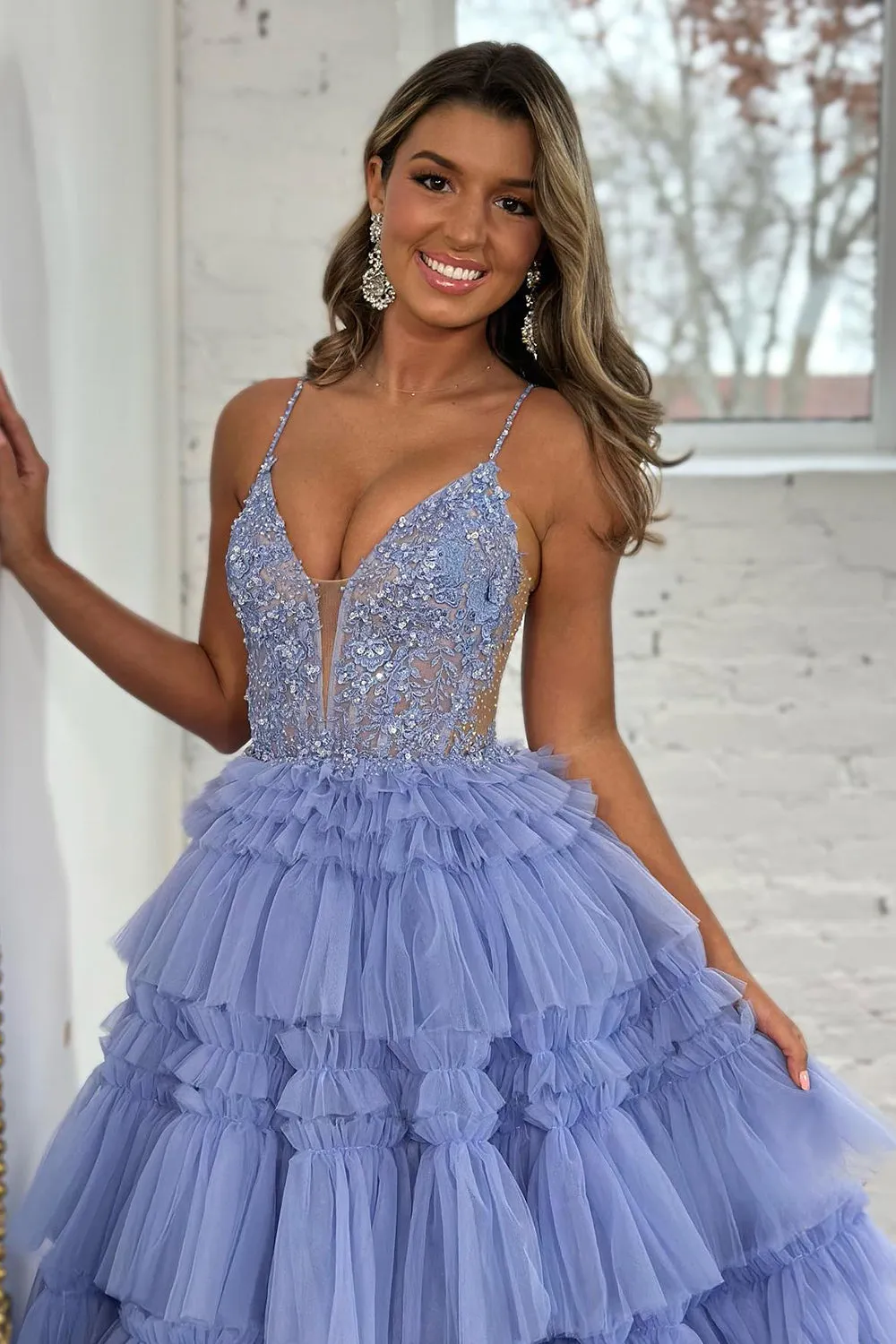 Lilac Prom Dress Corset Beaded Long Tiered Evening Dress with Slit