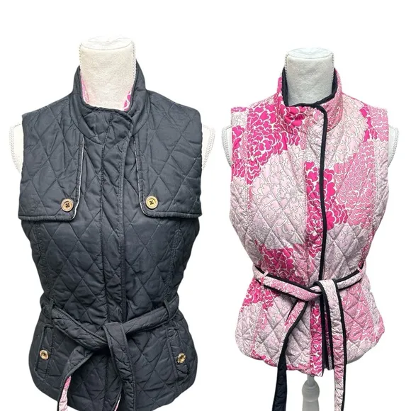 Lilly Pulitzer Women's S Reversible Quilted Floral Vest Pink Blk &amp; White Size M