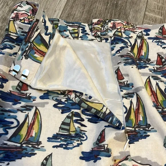 Linen &amp; Cotton White Pencil Skirt With Multicolour Nautical Print Size 6
