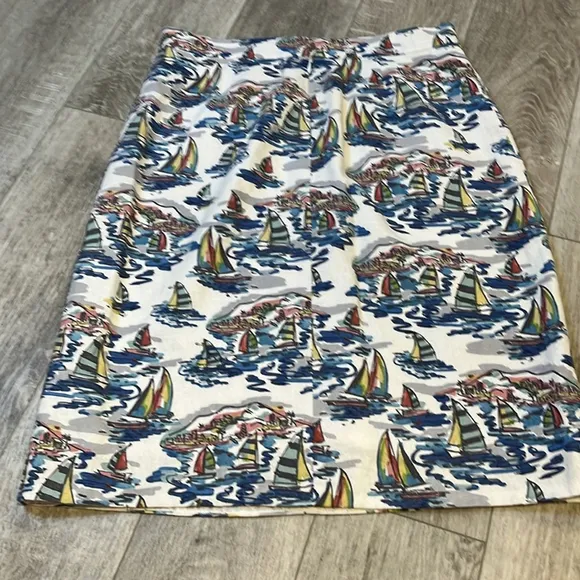 Linen &amp; Cotton White Pencil Skirt With Multicolour Nautical Print Size 6