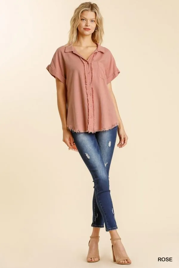 Linen Button-Down Top with Fringe Detail in Rose
