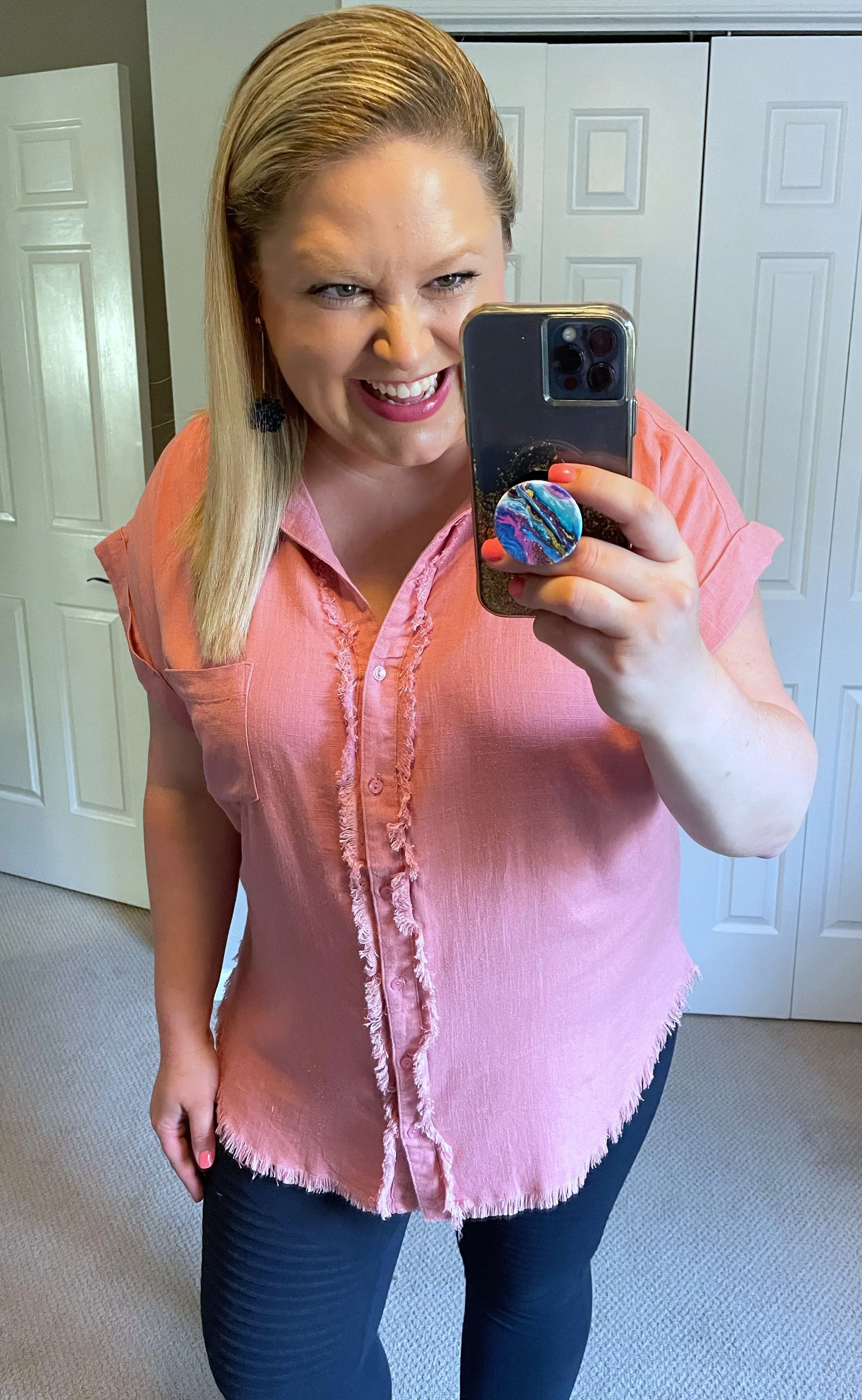 Linen Button-Down Top with Fringe Detail in Rose