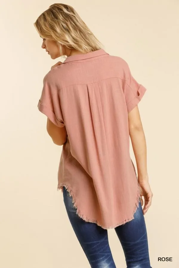 Linen Button-Down Top with Fringe Detail in Rose