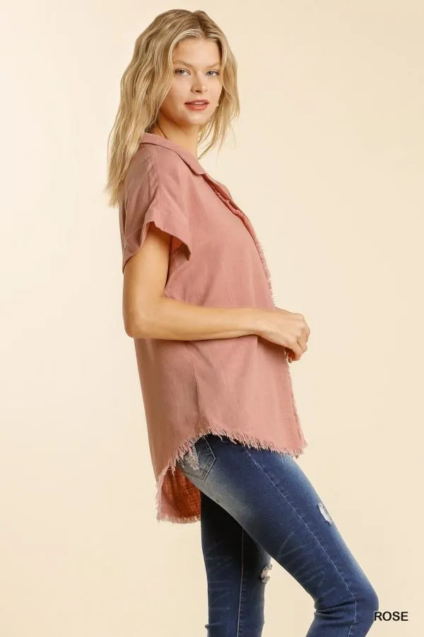Linen Button-Down Top with Fringe Detail in Rose