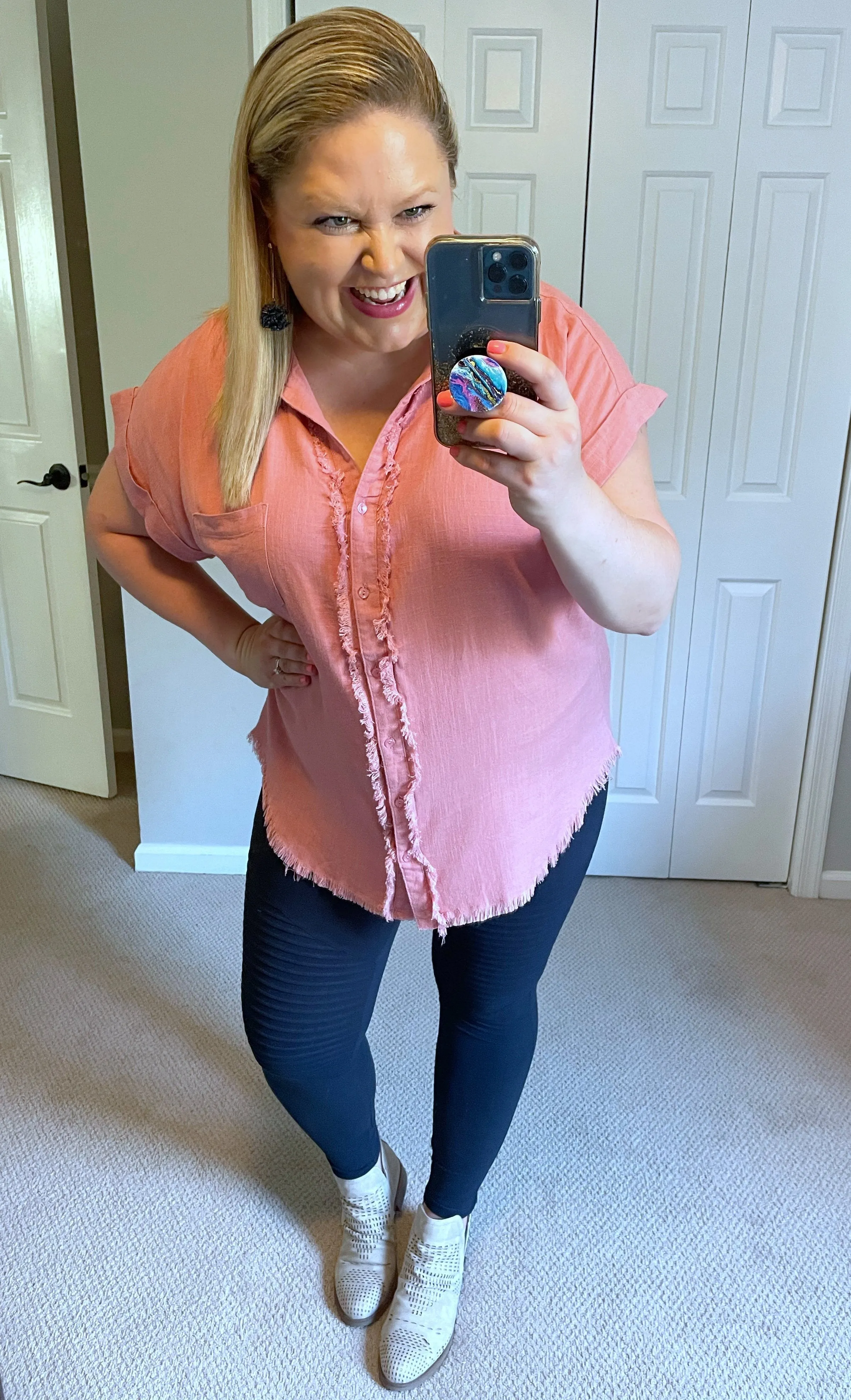 Linen Button-Down Top with Fringe Detail in Rose