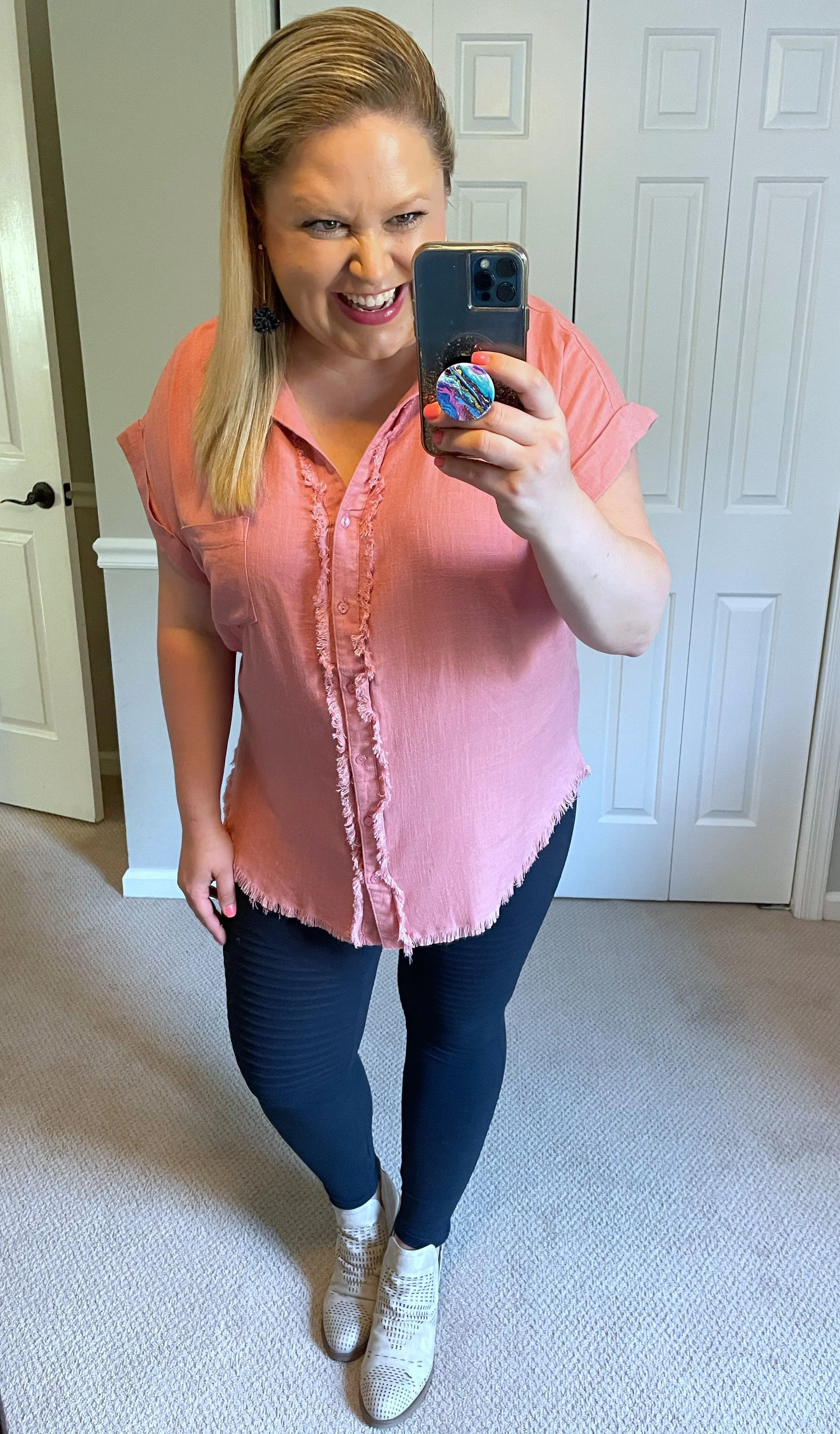 Linen Button-Down Top with Fringe Detail in Rose