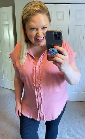 Linen Button-Down Top with Fringe Detail in Rose
