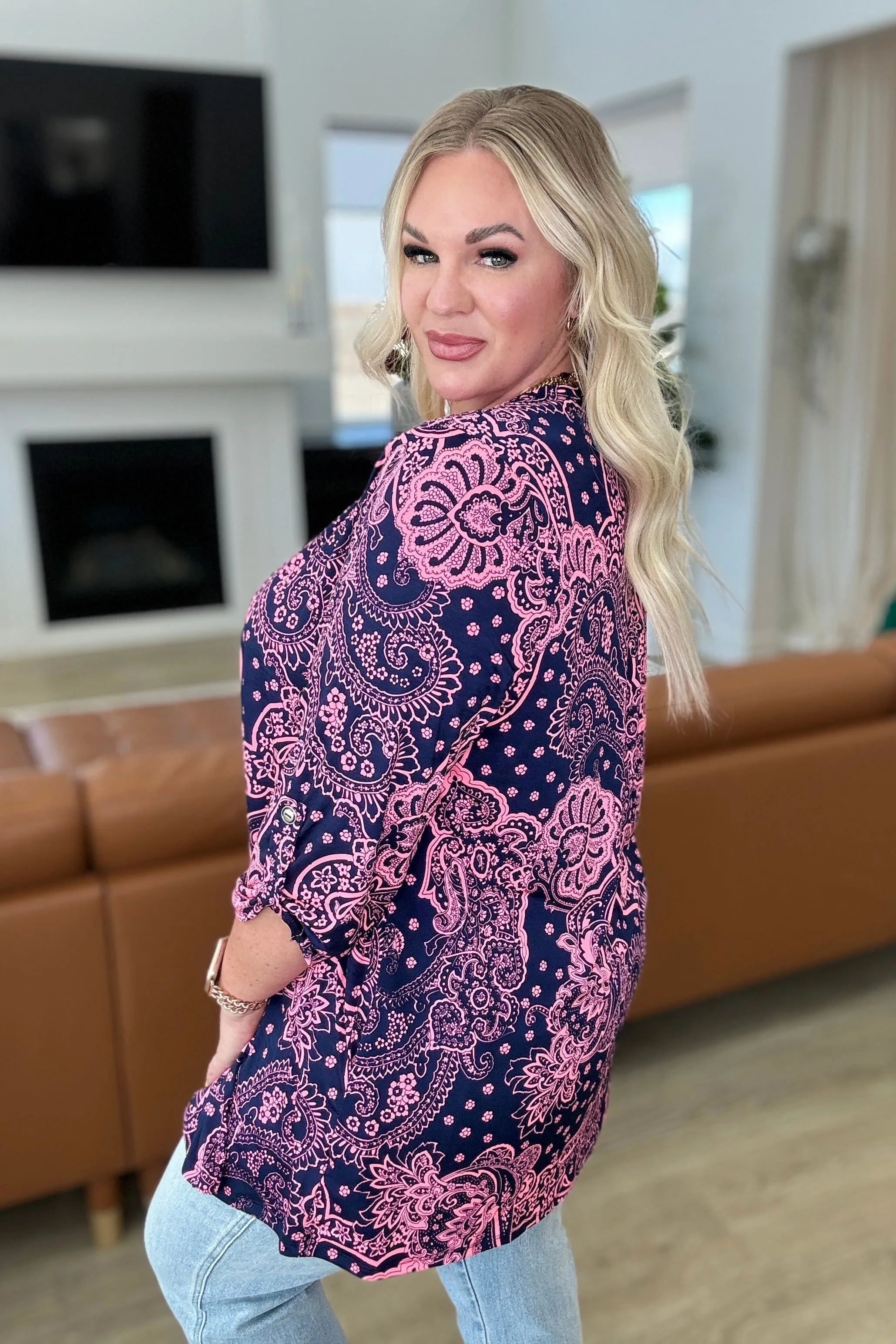 Lizzy Cardigan in Navy & Pink Paisley