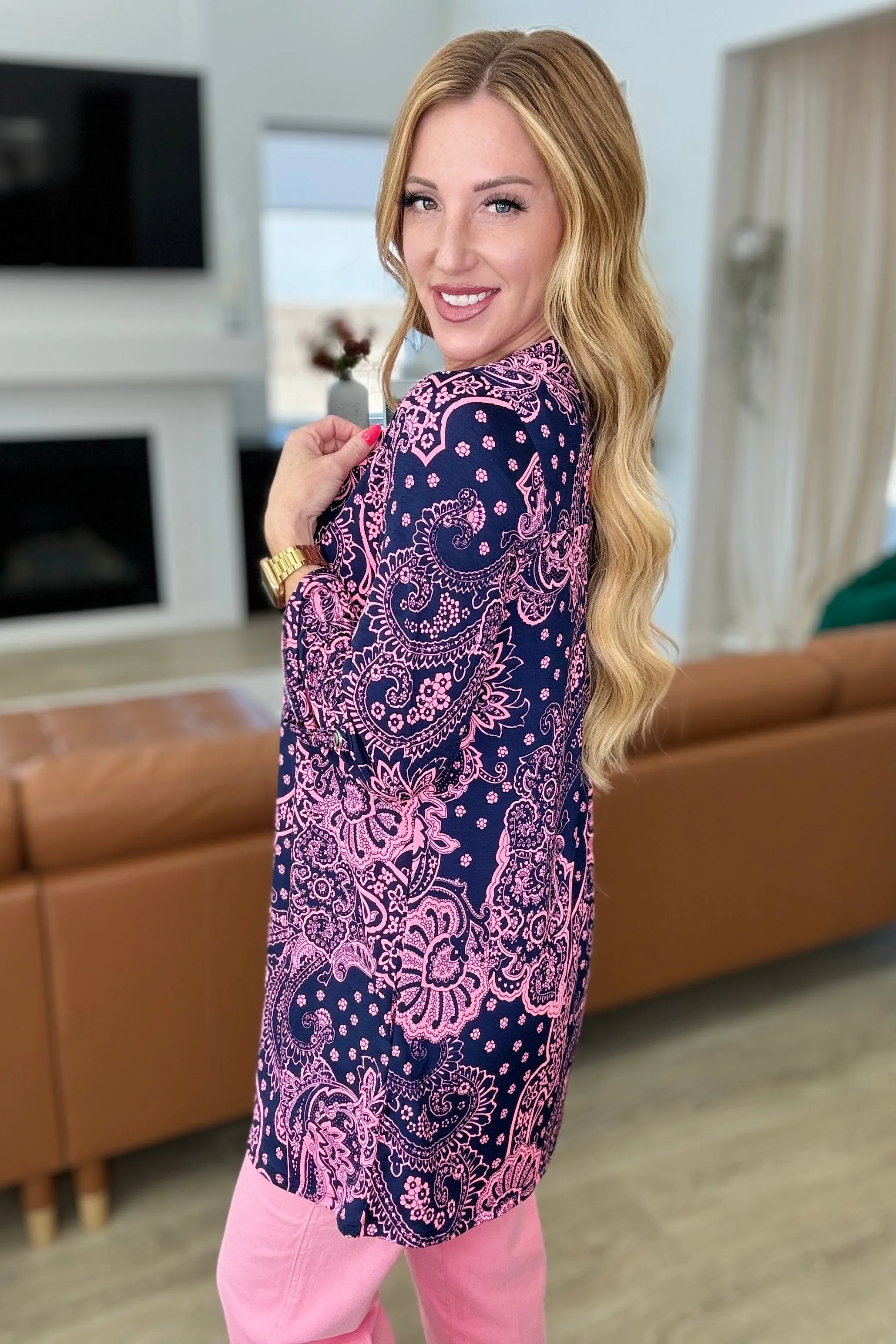 Lizzy Cardigan in Navy & Pink Paisley