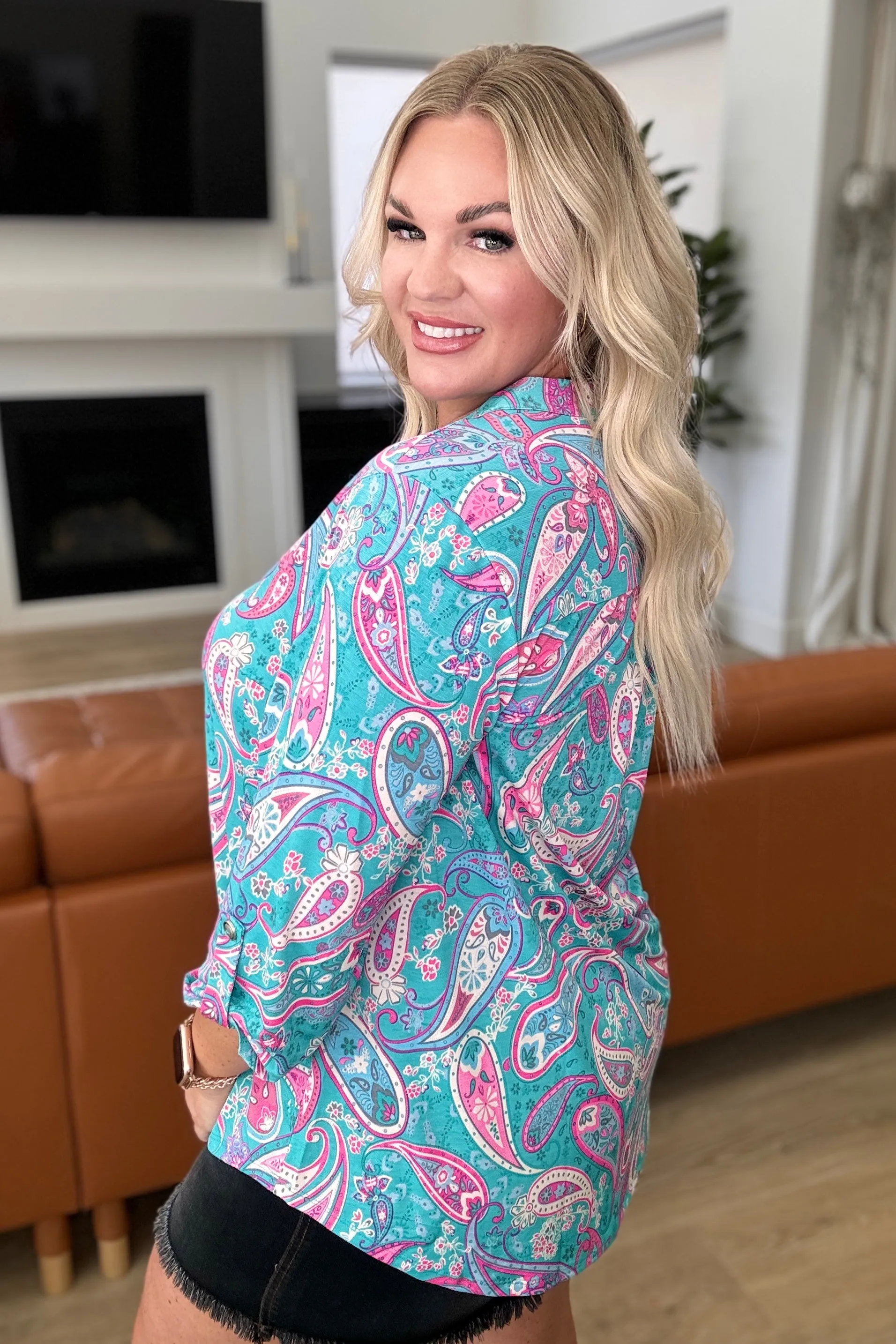 Lizzy Top in Aqua & Pink Paisley