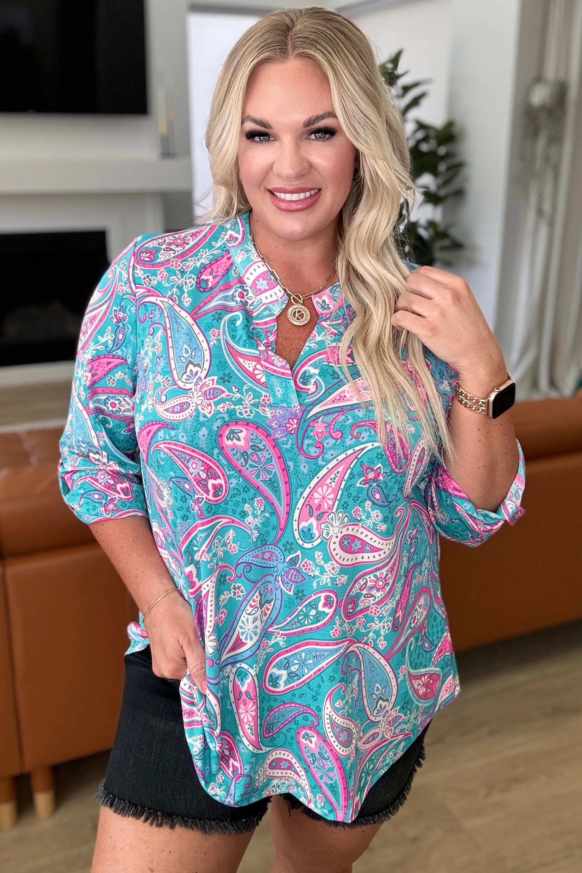 Lizzy Top in Aqua & Pink Paisley
