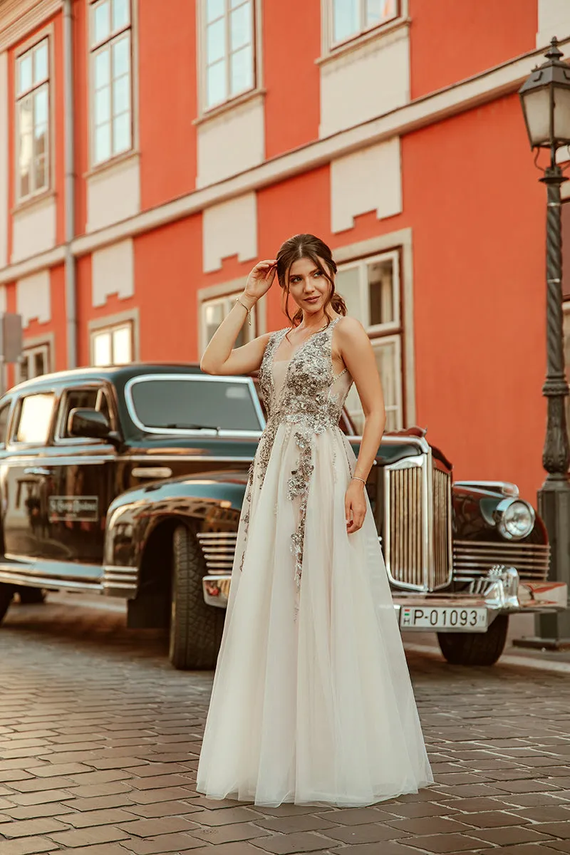 Long A-line Deep V-neck Sleeveless Backless Lace Sexy Beaded Prom Dress  LPD001