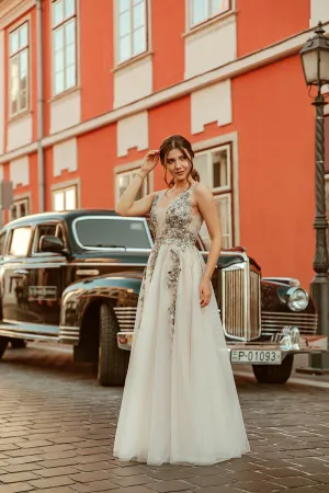 Long A-line Deep V-neck Sleeveless Backless Lace Sexy Beaded Prom Dress  LPD001