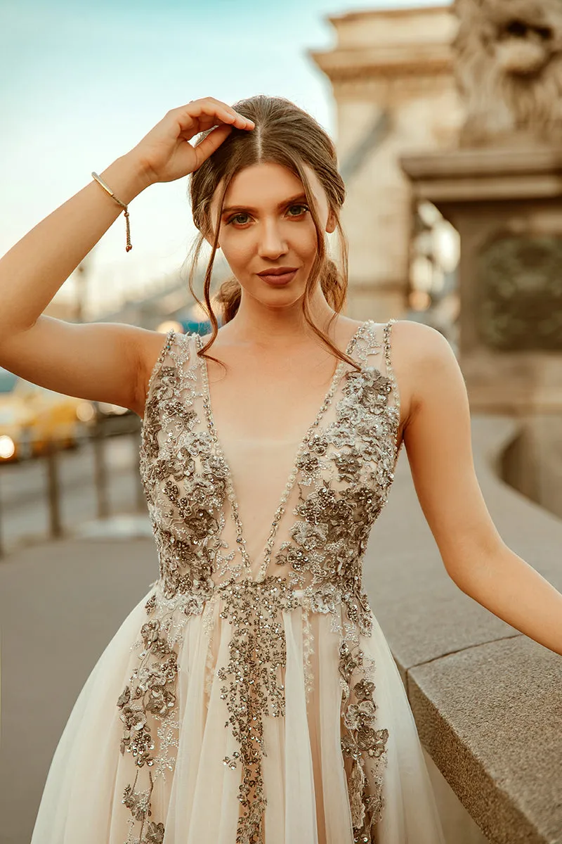 Long A-line Deep V-neck Sleeveless Backless Lace Sexy Beaded Prom Dress  LPD001