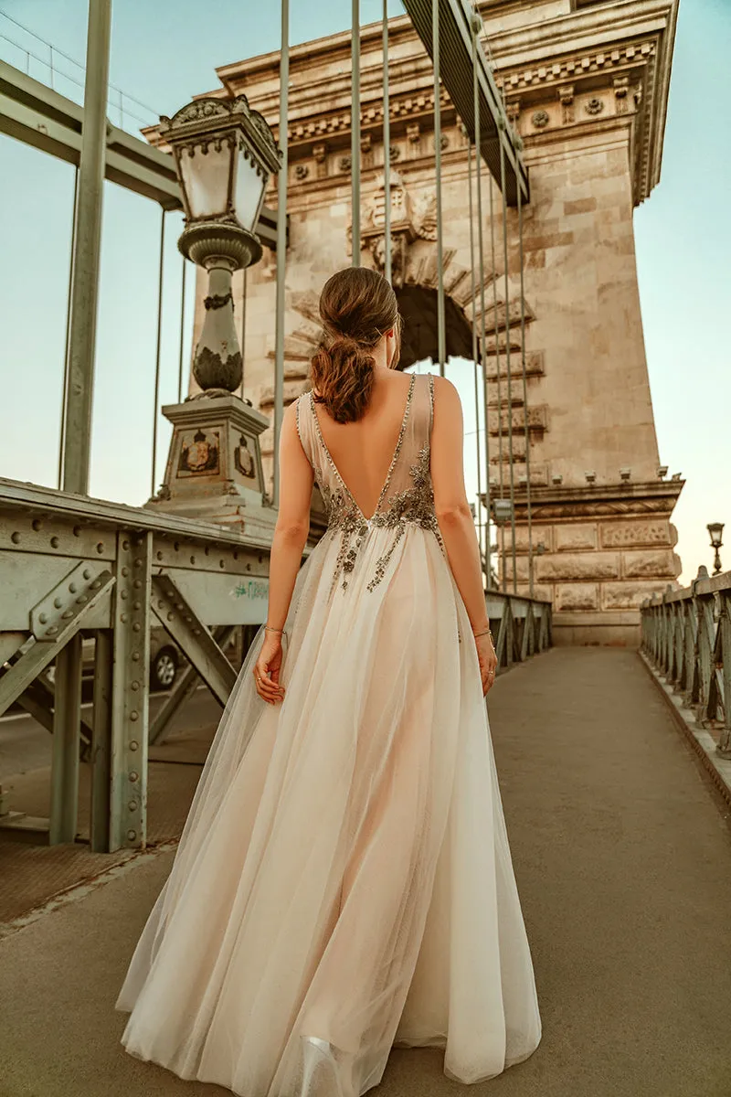 Long A-line Deep V-neck Sleeveless Backless Lace Sexy Beaded Prom Dress  LPD001