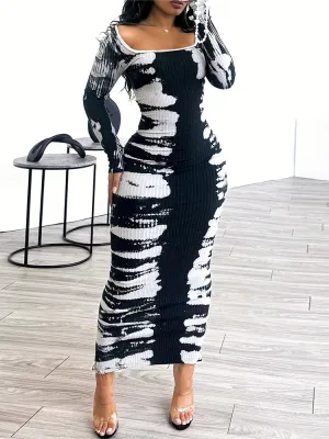 Long Sleeve Dress Pit Stripe Printing Back Slit U Neck Fall and Winter Dress Es