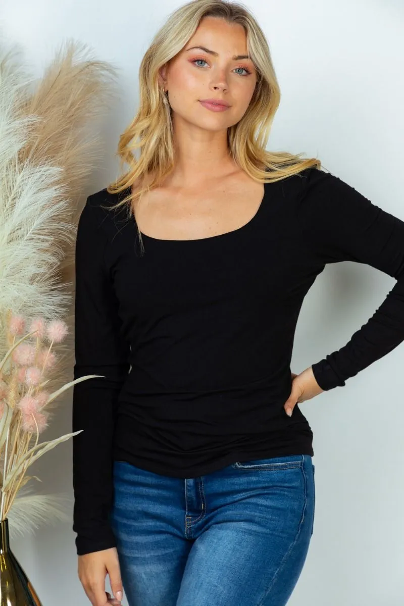 Long-Sleeved Square Neck Top with Built-In Bra in Black