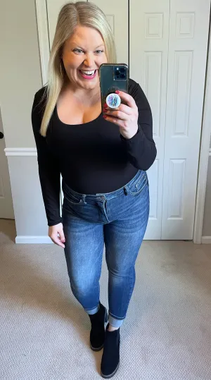 Long-Sleeved Square Neck Top with Built-In Bra in Black