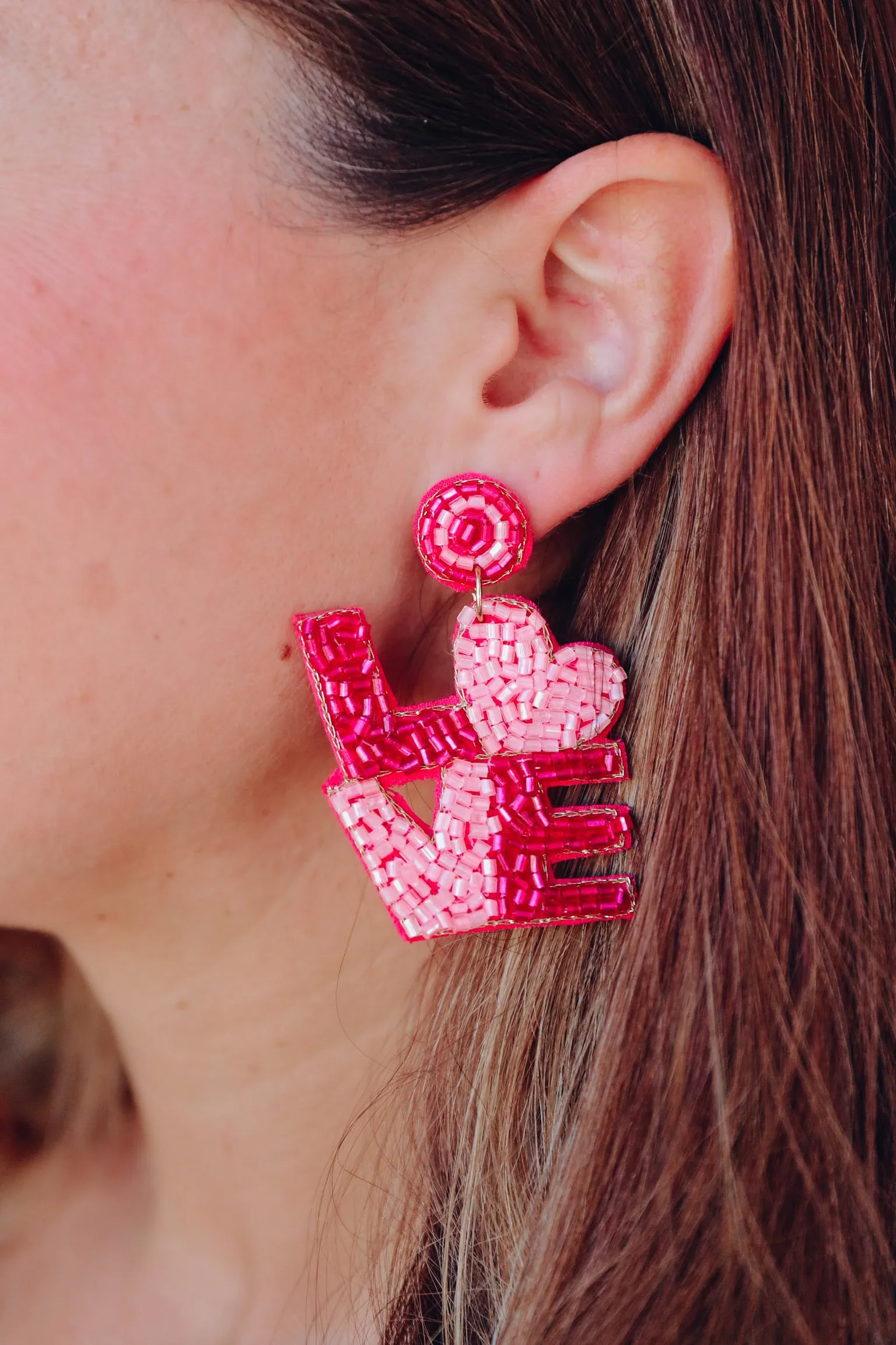 Love Beaded Dangle Earring - Pink