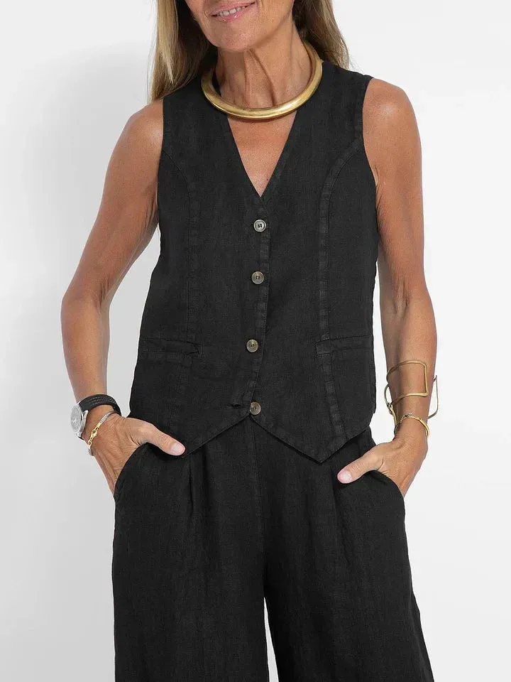 LuxeFit™ | Women's Tailored Linen Vest | Lightweight, Fitted Buttoned Front for Stylish Comfort