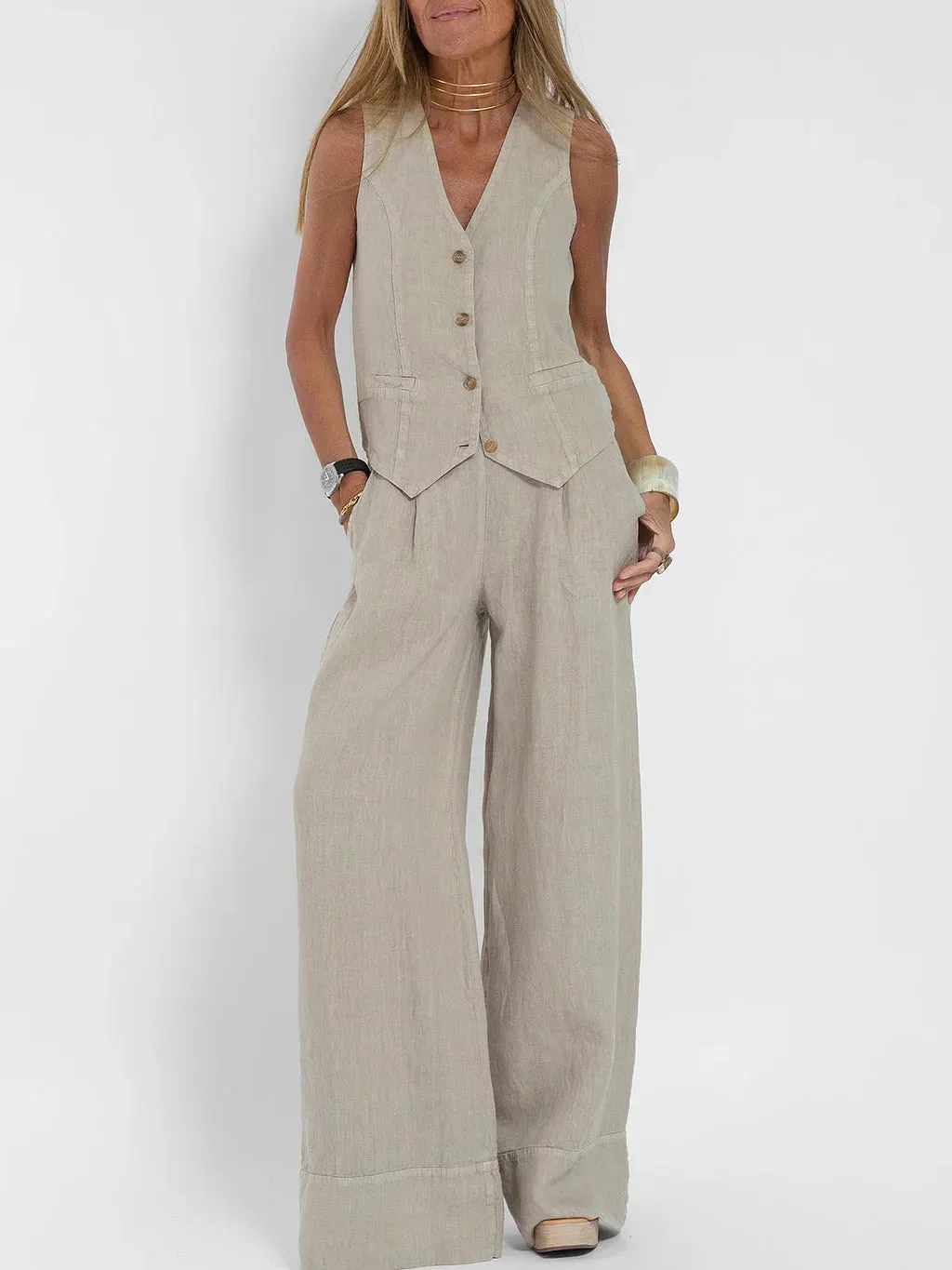 LuxeFit™ | Women's Tailored Linen Vest | Lightweight, Fitted Buttoned Front for Stylish Comfort