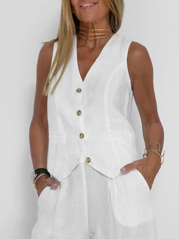 LuxeFit™ | Women's Tailored Linen Vest | Lightweight, Fitted Buttoned Front for Stylish Comfort