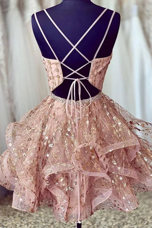 Luxurious A Line V Neck Short Homecoming Dresses with Beading OHM016