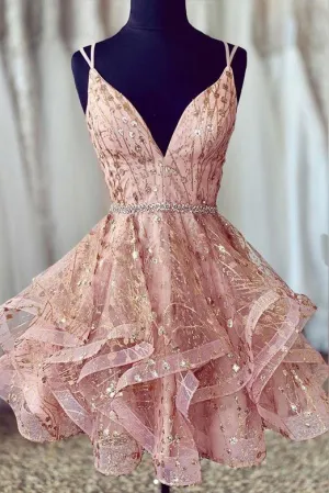 Luxurious A Line V Neck Short Homecoming Dresses with Beading OHM016