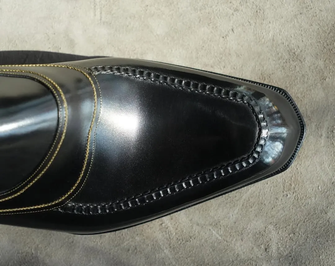 Luxury Edition - Black Italian Leather Ibiza Slip On Crossed Component Goodyear Welted Loafers With Special Metal Plate - Loafers