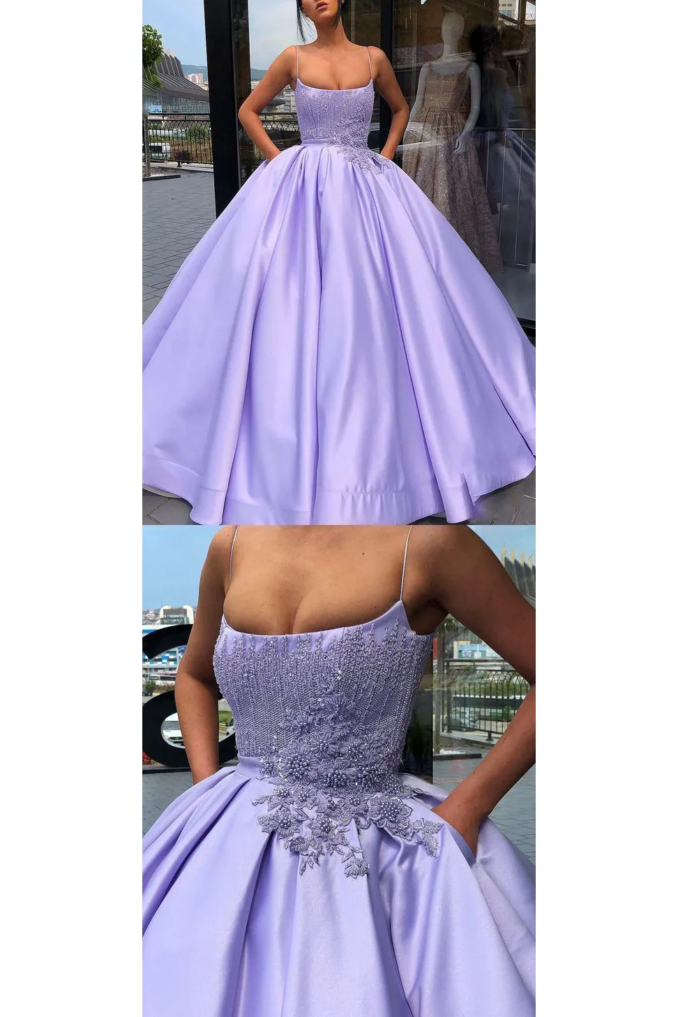 Luxury Prom Dresses Ball Gown Spaghetti Straps Sleeveless Appliques Beading Long Satin Prom Dress OHC246