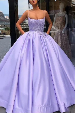 Luxury Prom Dresses Ball Gown Spaghetti Straps Sleeveless Appliques Beading Long Satin Prom Dress OHC246