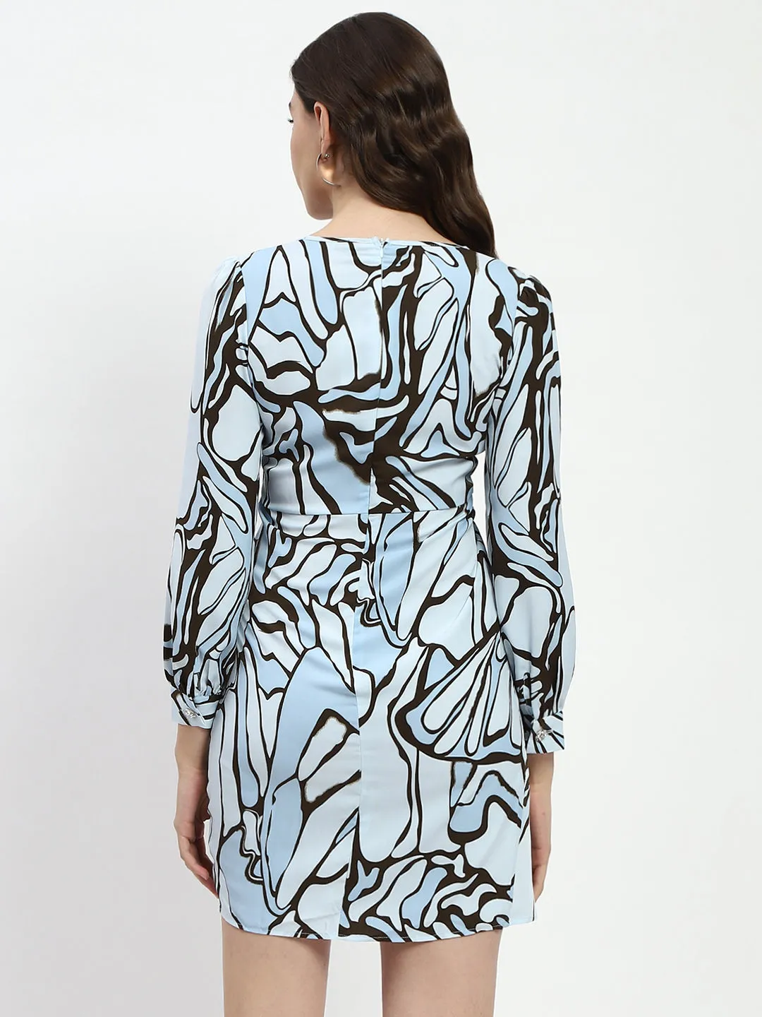 Madame Butterfly Print Wrap Style Surplice Neck Sky Blue Mini Dress