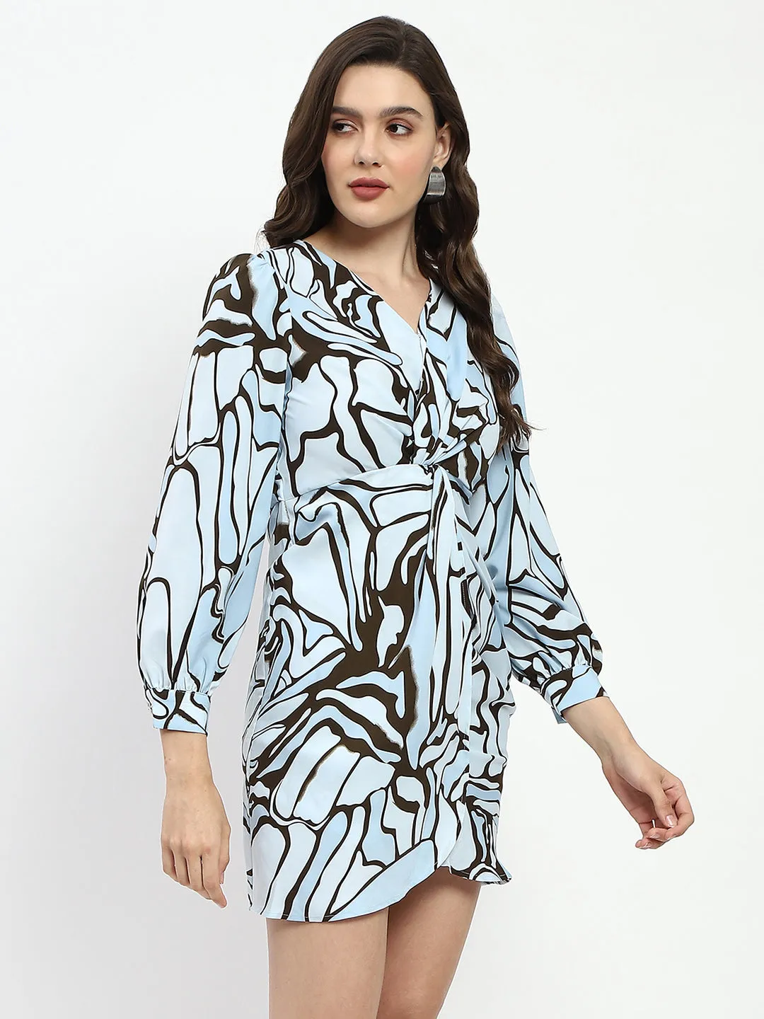 Madame Butterfly Print Wrap Style Surplice Neck Sky Blue Mini Dress