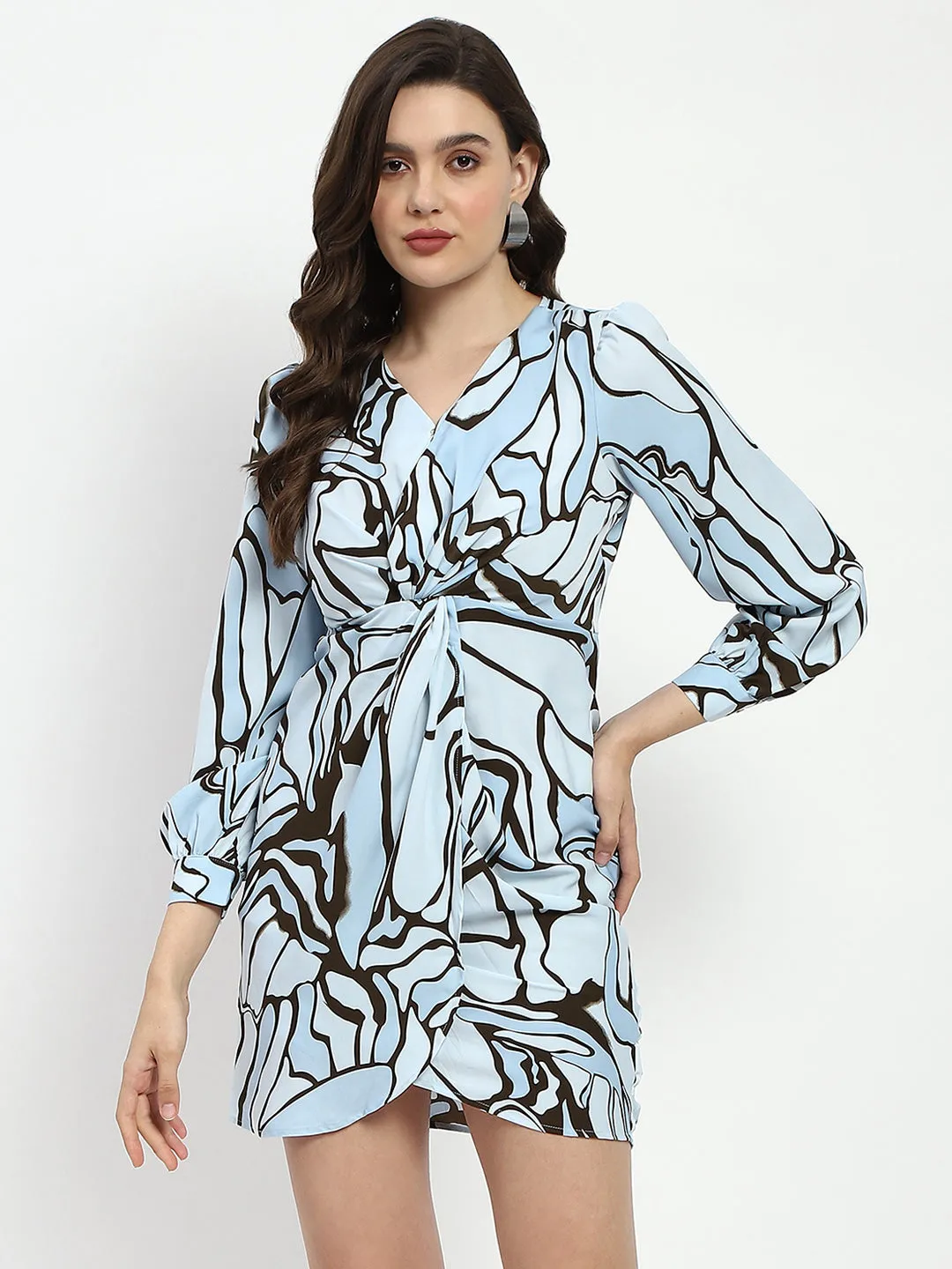 Madame Butterfly Print Wrap Style Surplice Neck Sky Blue Mini Dress