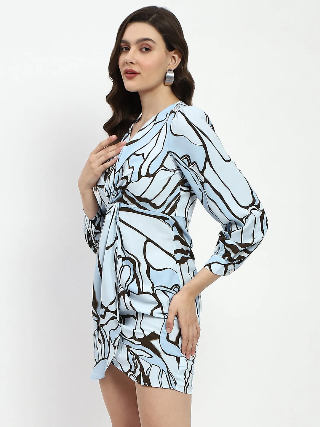 Madame Butterfly Print Wrap Style Surplice Neck Sky Blue Mini Dress