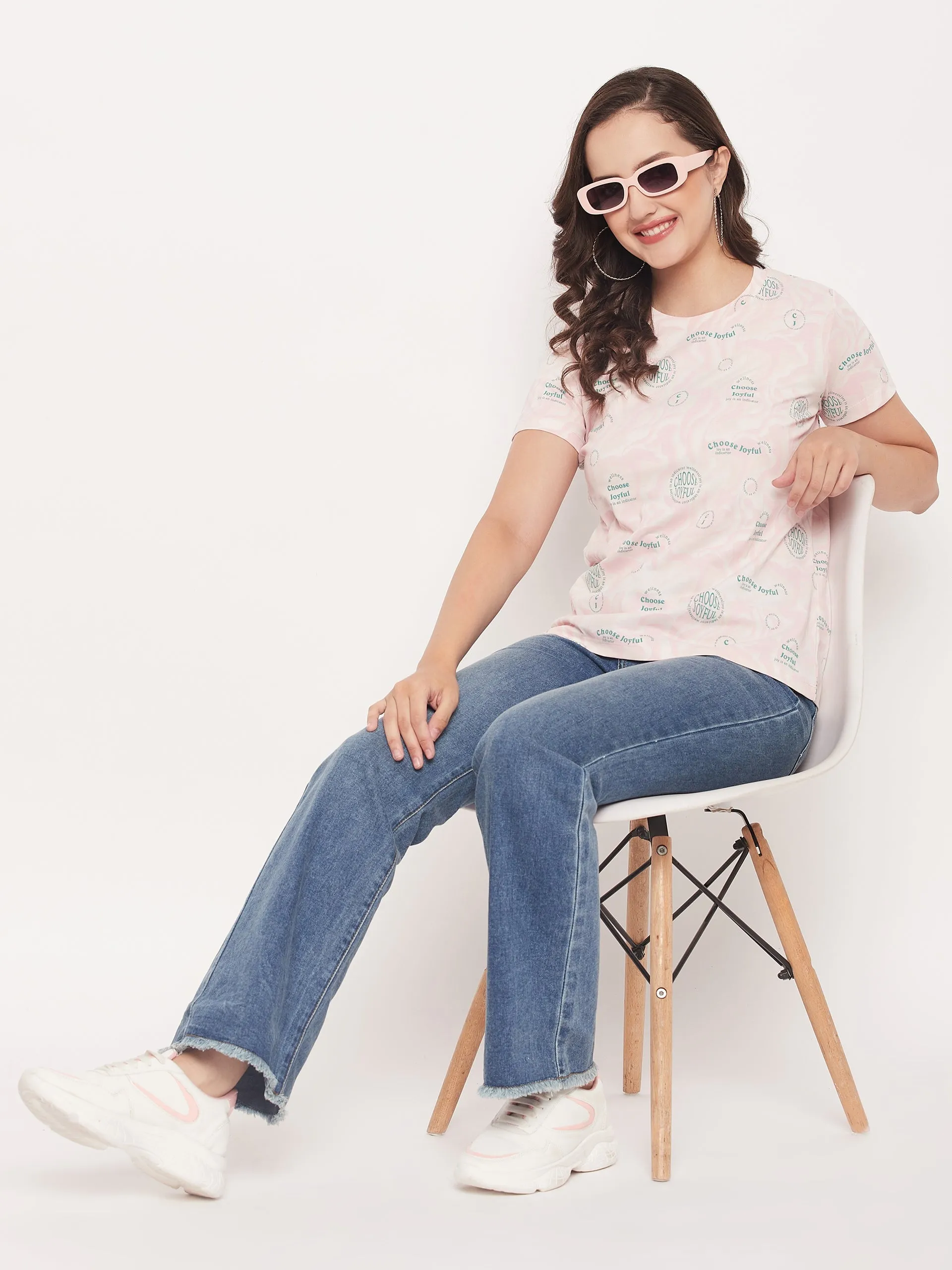 Madame Peach Round Neck Printed Cotton Top