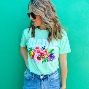Mama Watercolor Floral Graphic Tee in Mint -- Size XL Available