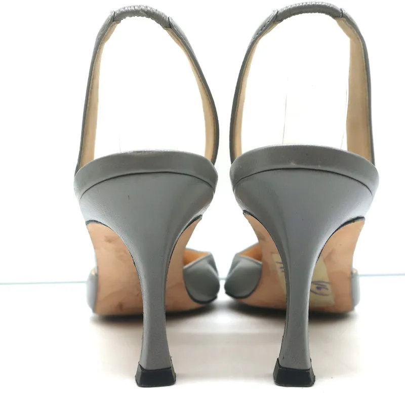 Manolo Blahnik Carolyne Slingback Pumps Gray Leather Size 37 Pointed Toe Heels
