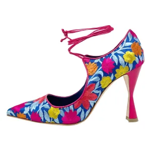 Manolo Blahnik Cotis Multicolor Floral Embroidered Pointed toe Ankle Wrap Pumps Size EU 39.5