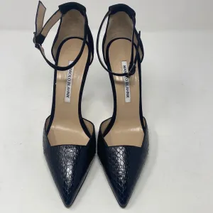 Manolo Blahnik Pointed Toe Snakeskin Heel with Suede Back and Ankle Strap