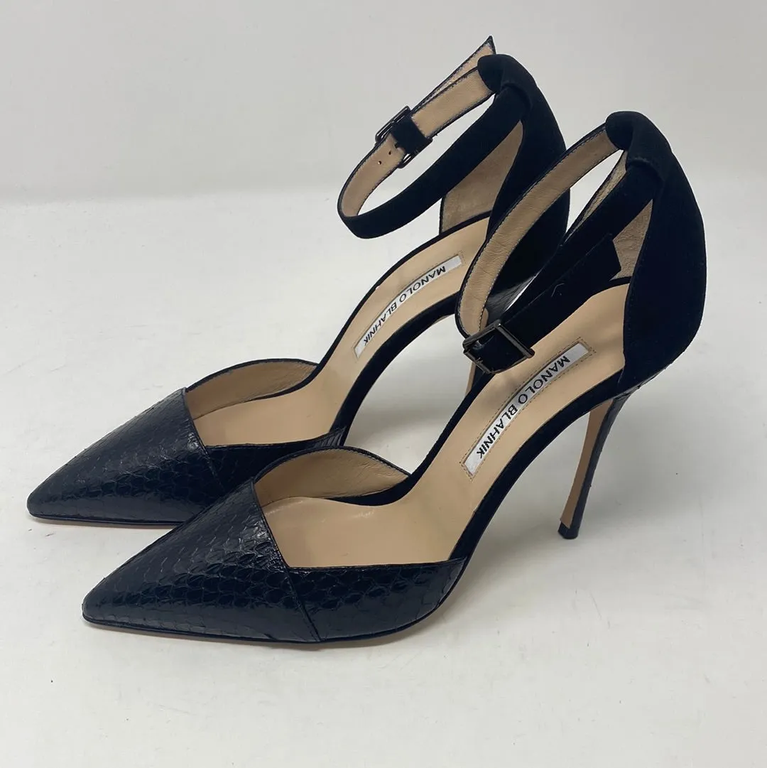 Manolo Blahnik Pointed Toe Snakeskin Heel with Suede Back and Ankle Strap