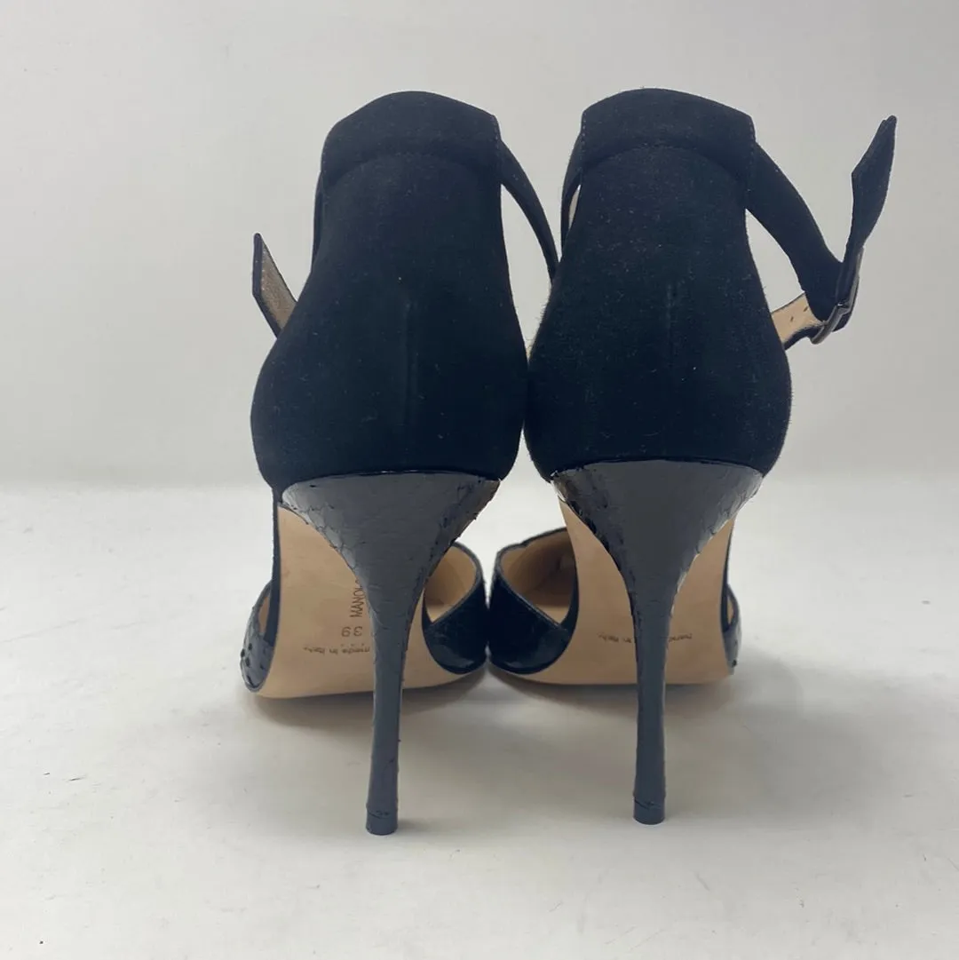 Manolo Blahnik Pointed Toe Snakeskin Heel with Suede Back and Ankle Strap
