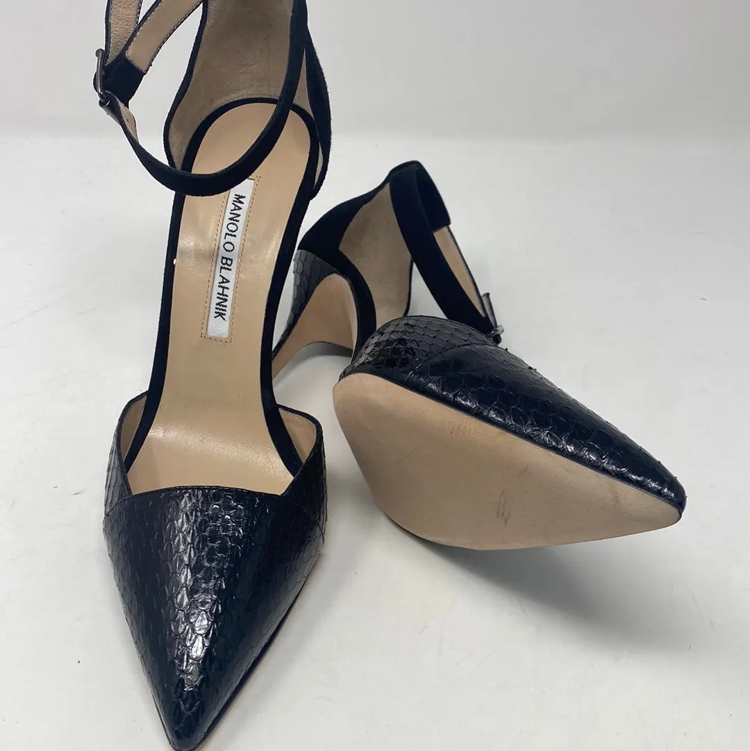 Manolo Blahnik Pointed Toe Snakeskin Heel with Suede Back and Ankle Strap