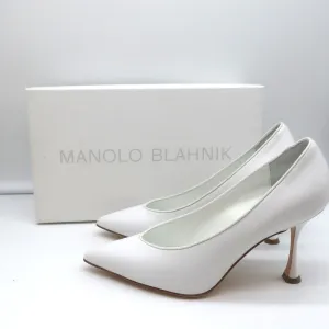 Manolo Blahnik Pumps Urgenzapla White Leather Size 36.5 Pointed Toe Heels