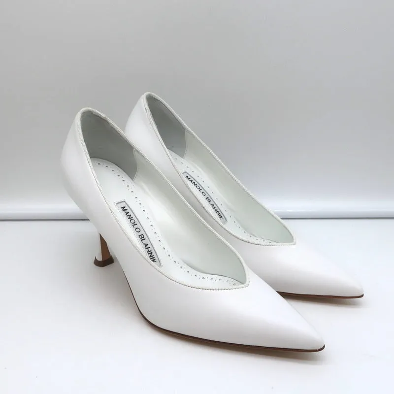 Manolo Blahnik Pumps Urgenzapla White Leather Size 36.5 Pointed Toe Heels