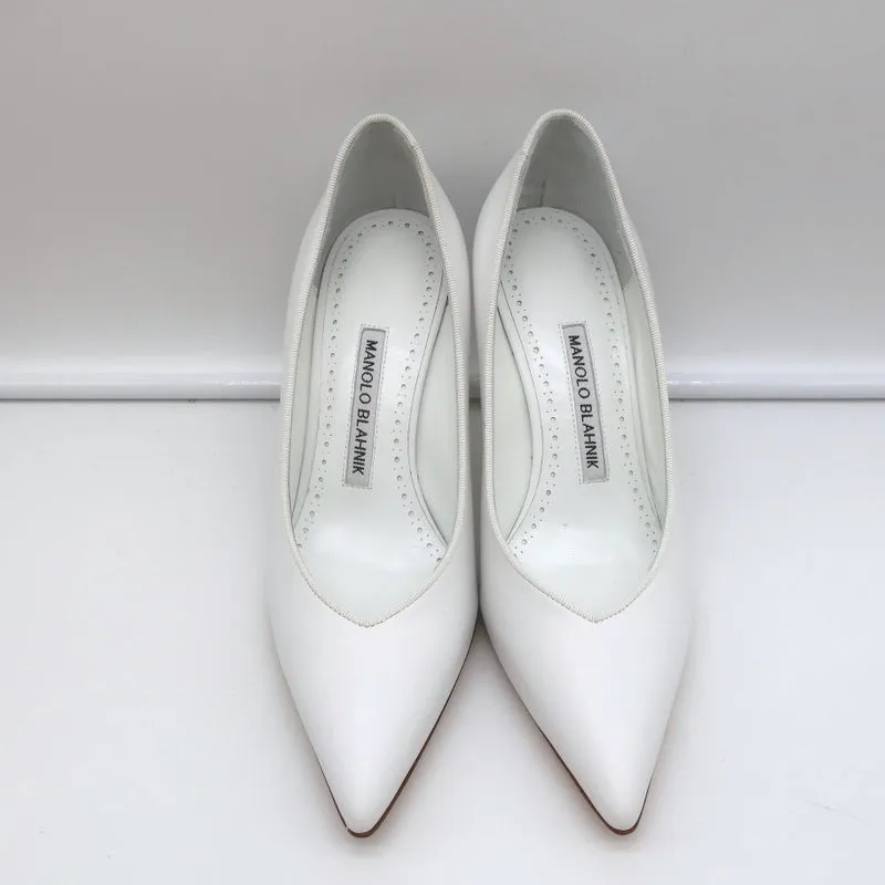 Manolo Blahnik Pumps Urgenzapla White Leather Size 36.5 Pointed Toe Heels